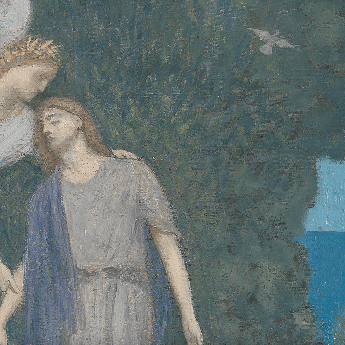A dreamlike painting by Pierre Puvis de Chavannes depicting a weary poet in flowing robes, gently supported by an angelic figure with golden hair and wings. The background features lush greenery, a distant blue sea, and a white bird soaring in the sky, en
